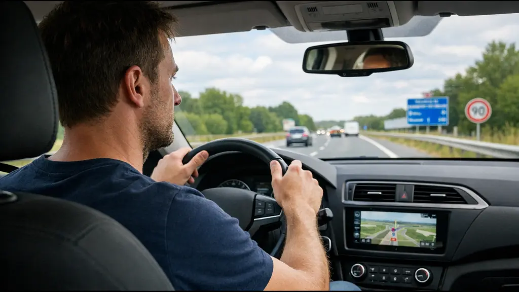 Conducteur français concentré sur la route avec garantie conducteur active