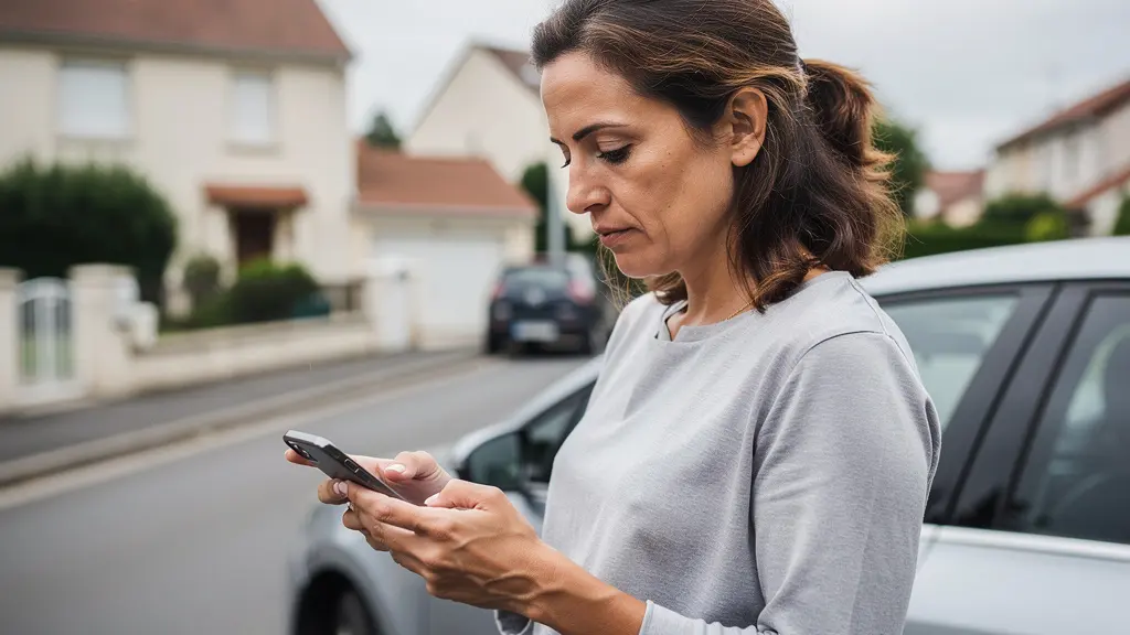 Conductrice française consultant son assurance auto près de son véhicule