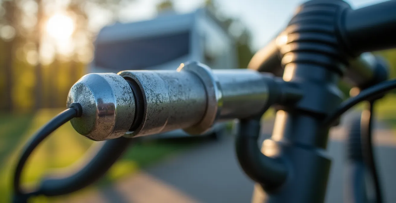 Détail macro d'un système de verrouillage sécurisé sur un porte-vélos de camping-car