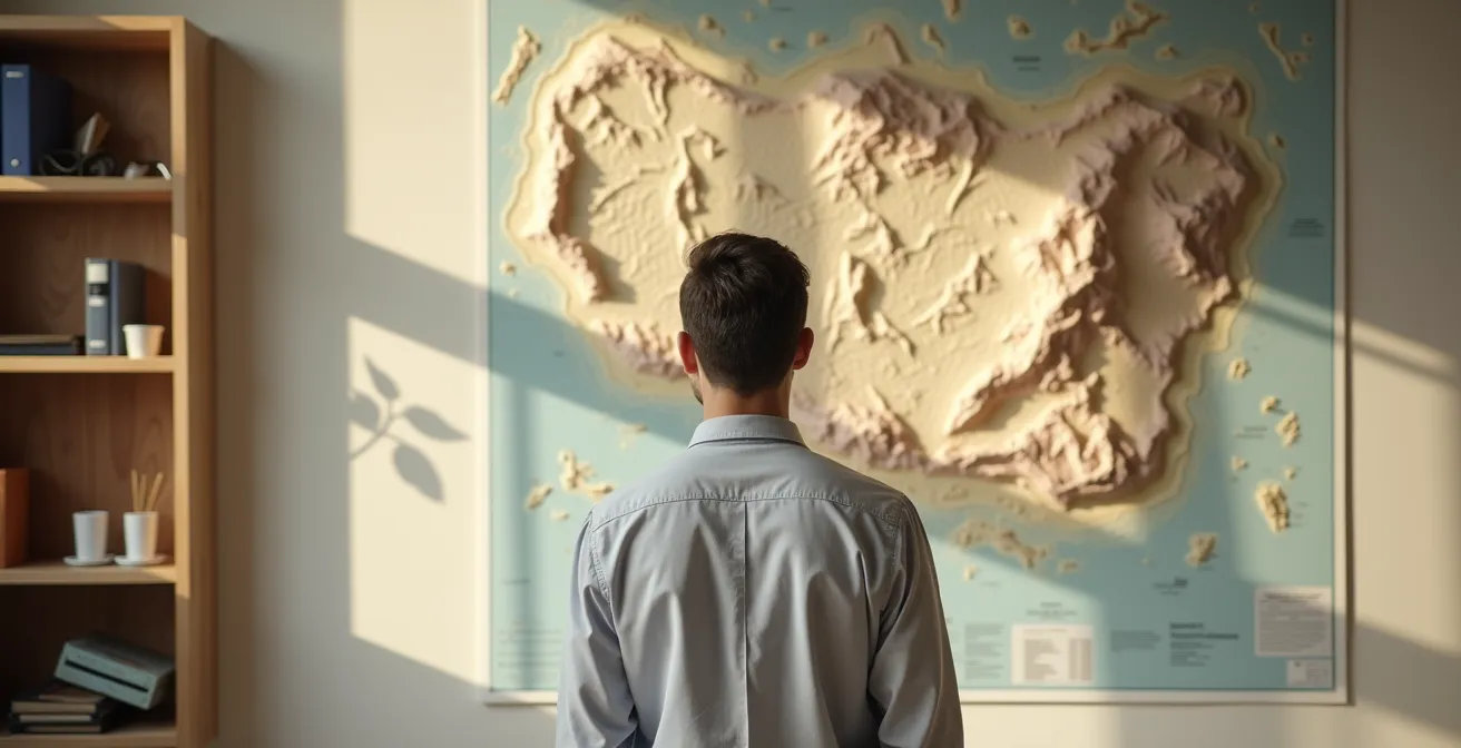 Agent d'assurance local examinant une carte topographique de sa région