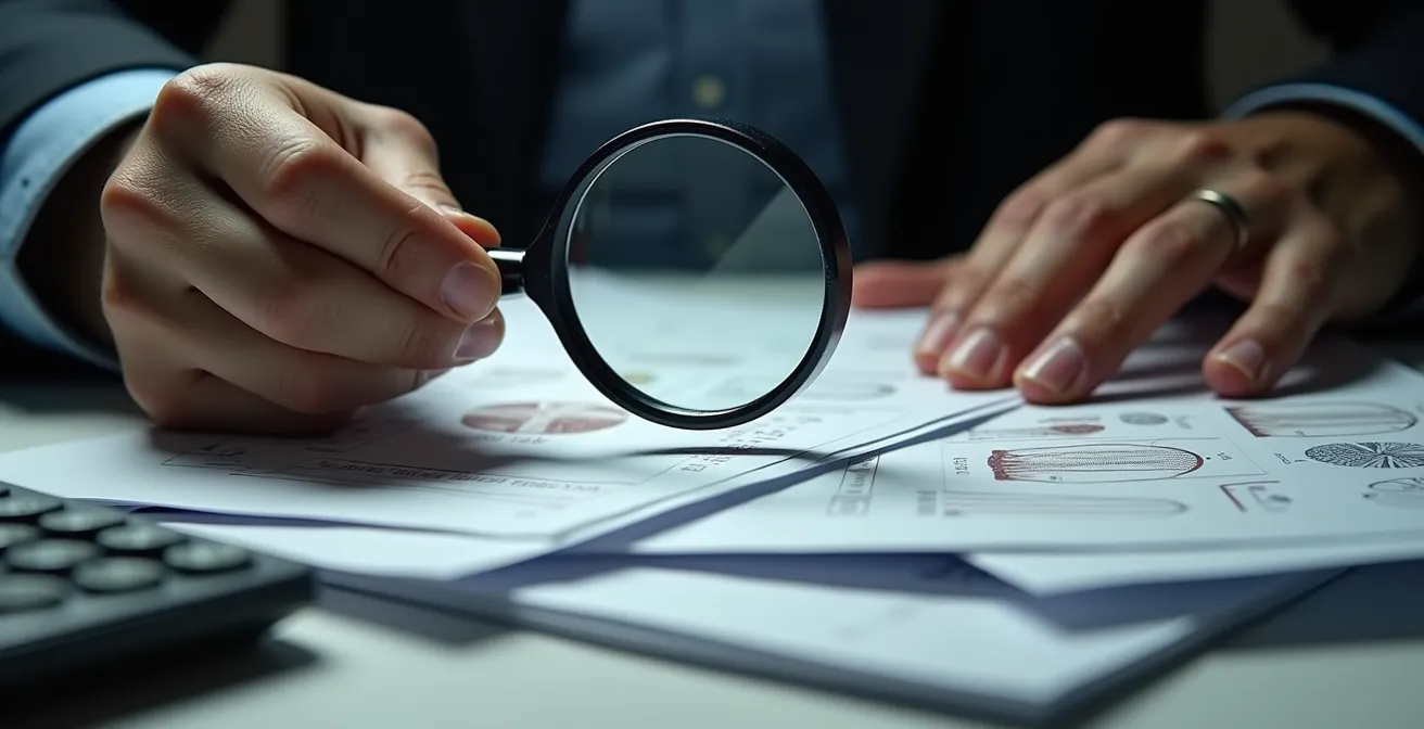 Gros plan sur des mains examinant des contrats avec loupe et calculatrice