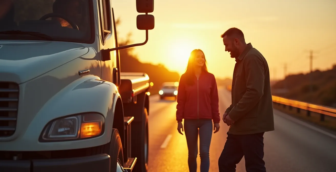 Voiture de dépannage arrivant pour assistance sur autoroute