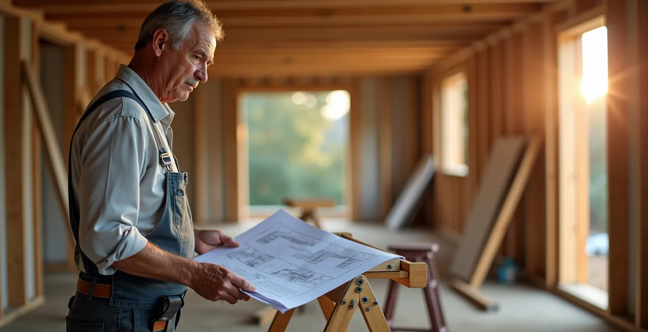 Auto-constructeur regardant pensivement des plans de construction sur un chantier inachevé