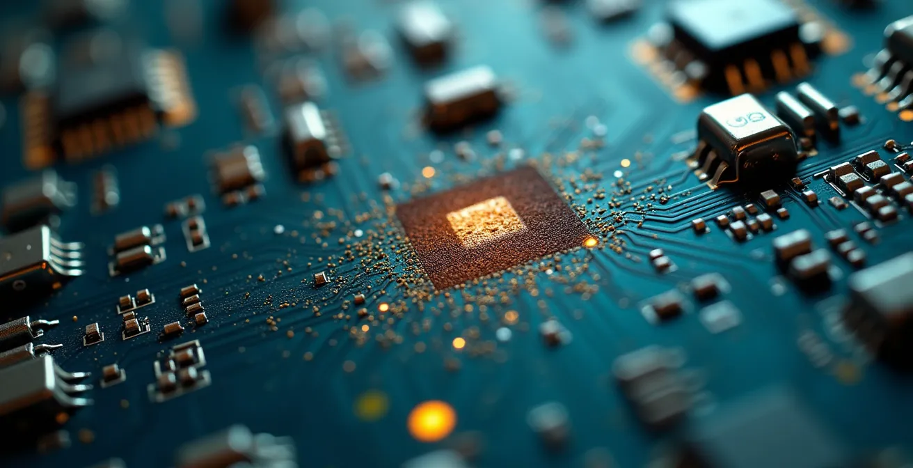 Vue macro d'un circuit imprimé avec effet de dysfonctionnement numérique