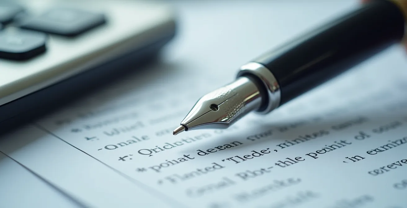 Vue macro de documents administratifs médicaux avec stylo et calculatrice