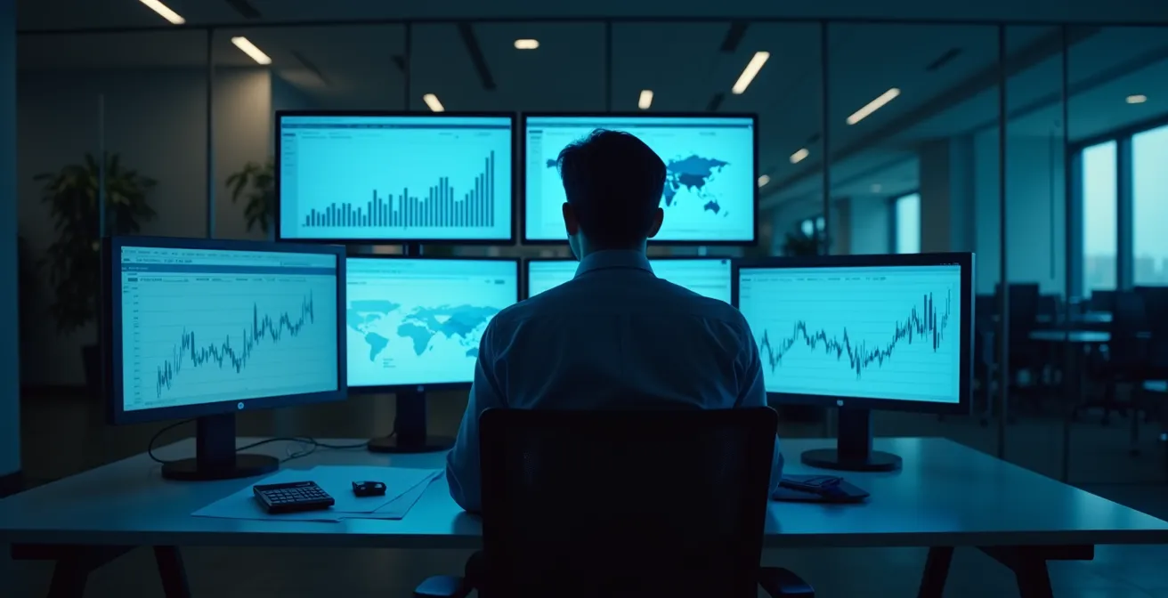 Tableau de bord financier avec indicateurs de trésorerie et calculs sur écran flou