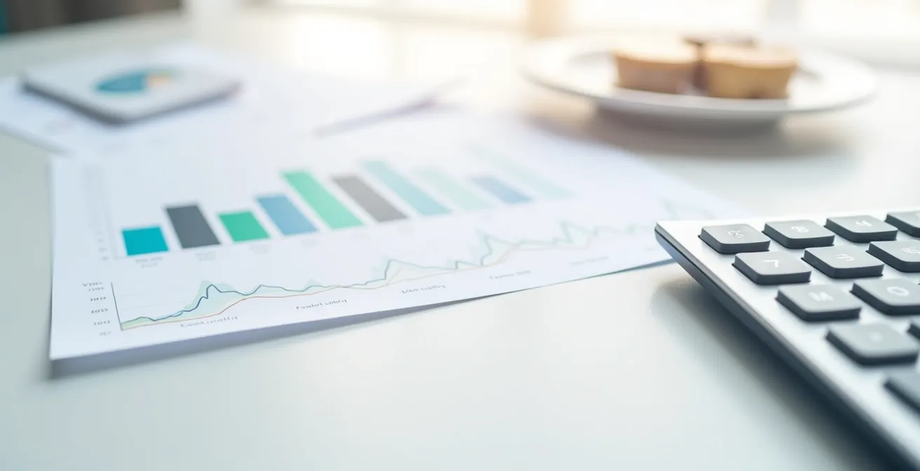 Vue aérienne de documents financiers avec calculatrice et graphiques abstraits