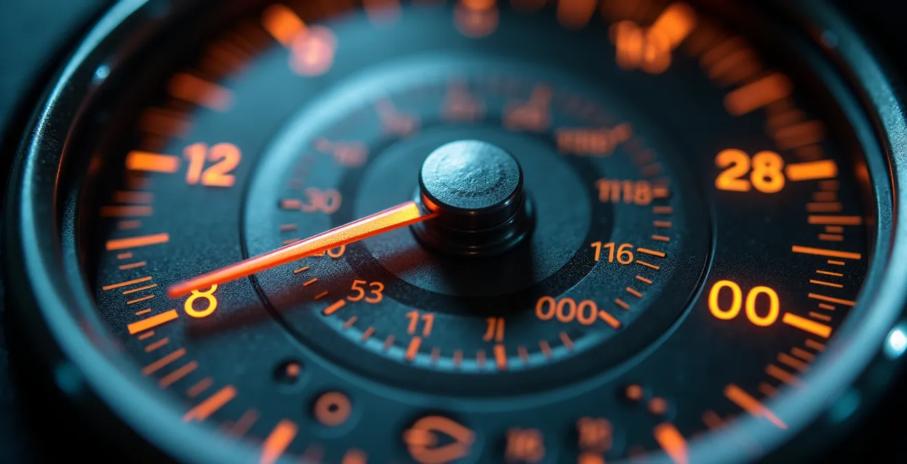 Gros plan sur un compteur kilométrique de voiture avec des éléments visuels suggérant le calcul des coûts supplémentaires