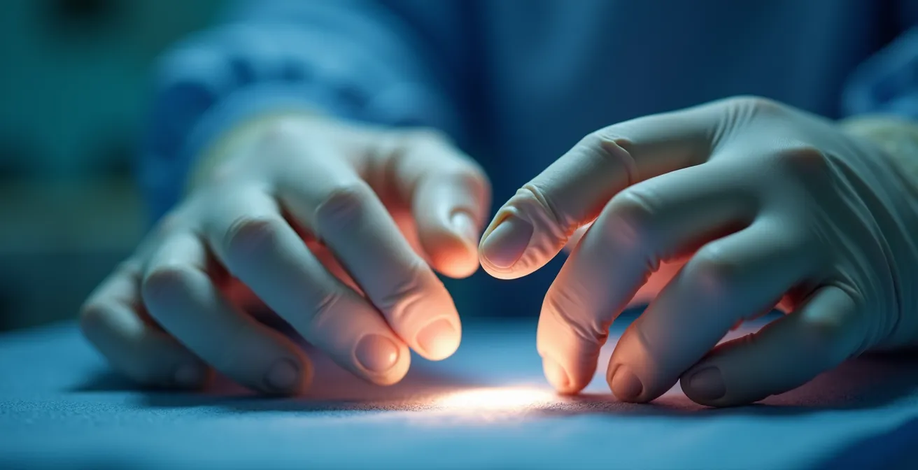 Mains de professionnel médical effectuant un geste technique précis en gros plan