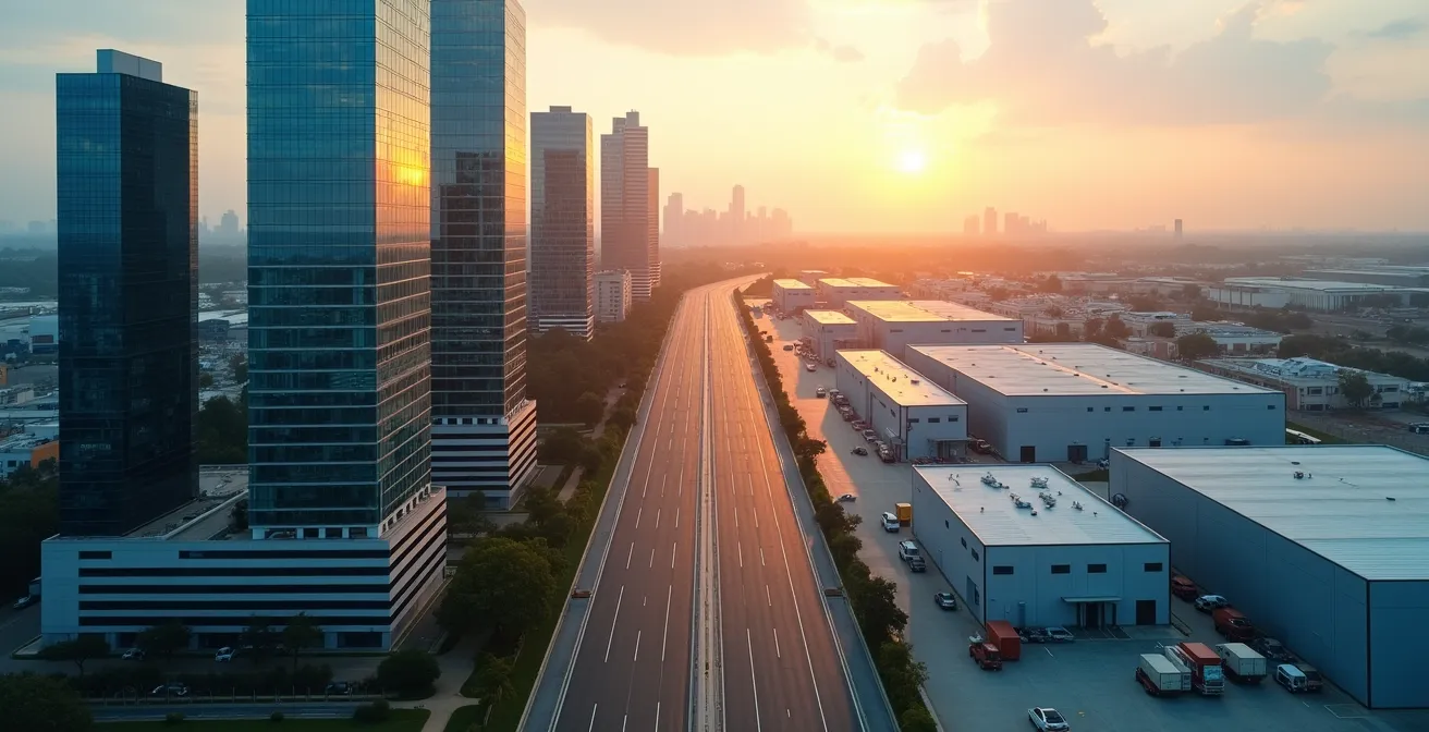 Vue aérienne contrastée d'un quartier d'affaires moderne et d'une zone logistique avec entrepôts