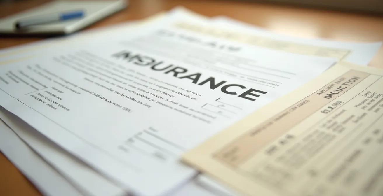 Vue artistique de plusieurs documents d'assurance disposés sur un bureau avec effet de profondeur de champ