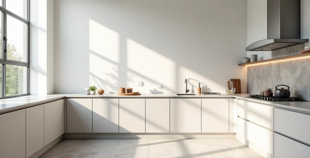 Cuisine équipée moderne avec un éclairage naturel, représentant les embellissements de valeur dans un bien locatif.