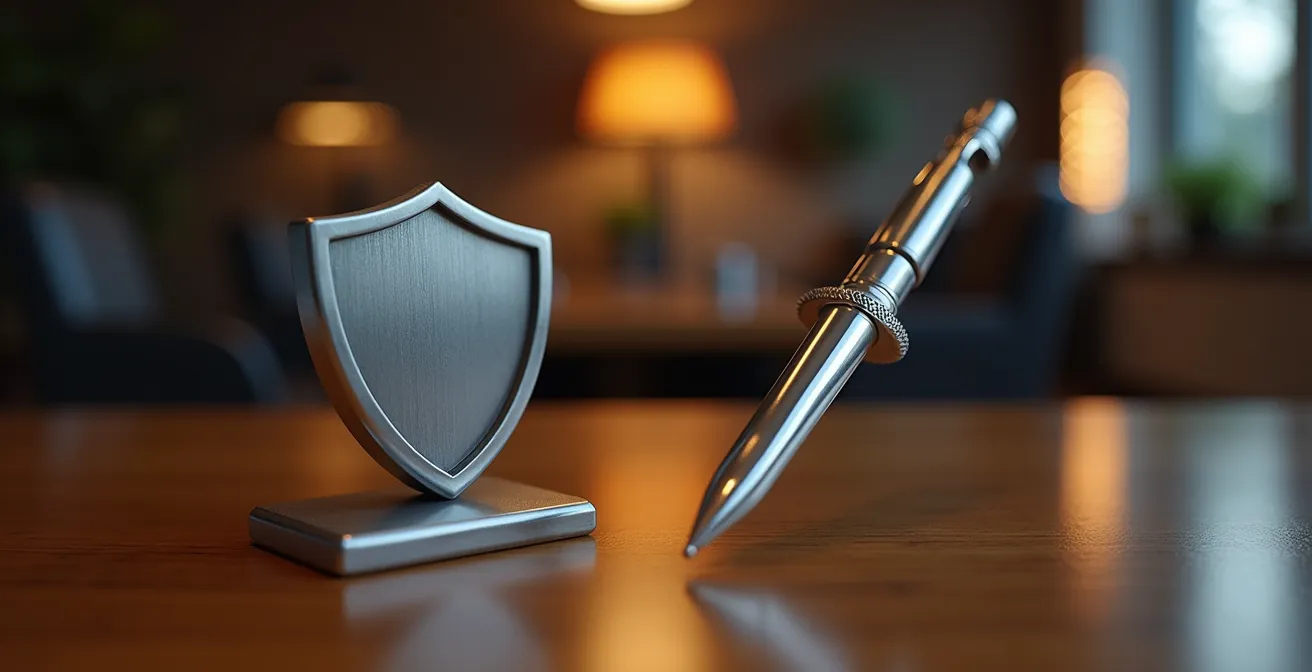 Composition symbolique avec bouclier et épée représentant les deux types d'assurance