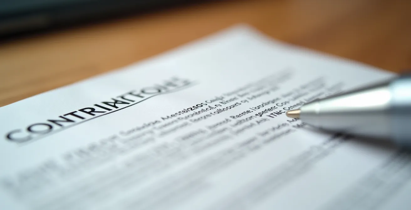 Vue macro de documents contractuels avec mise en évidence des clauses d'indemnisation