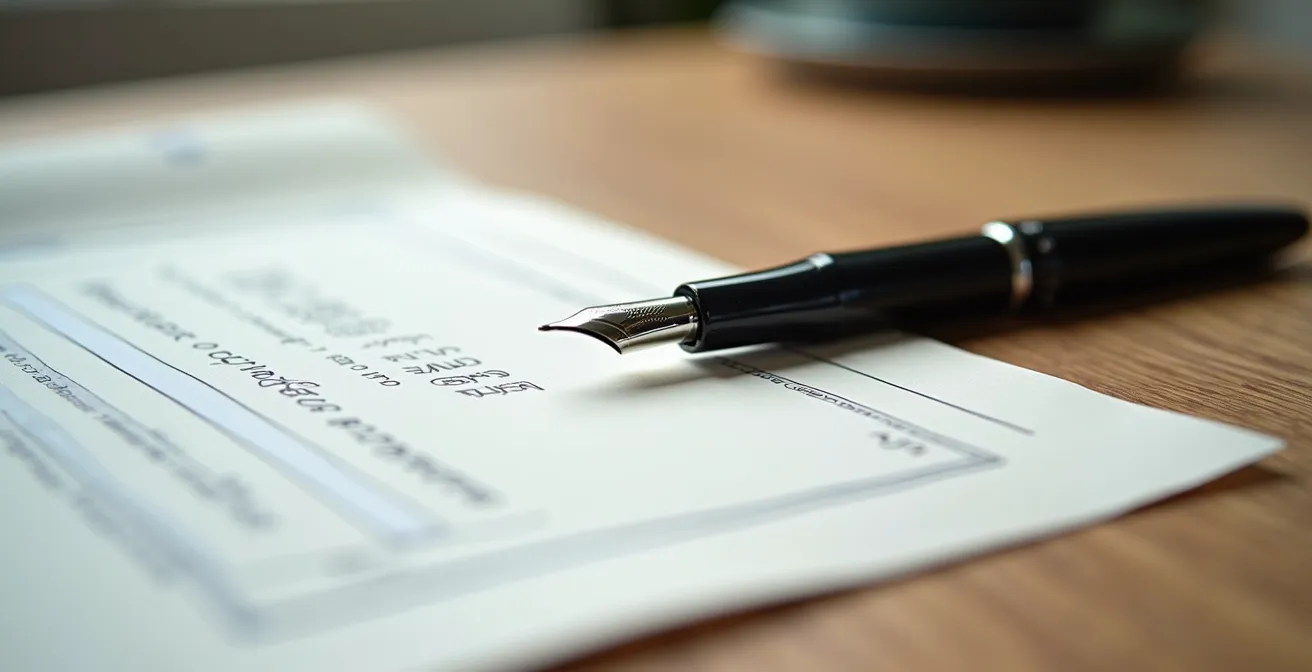 Documents d'assurance et checklist sur un bureau avec un stylo, symbolisant la vérification du contrat PNO.