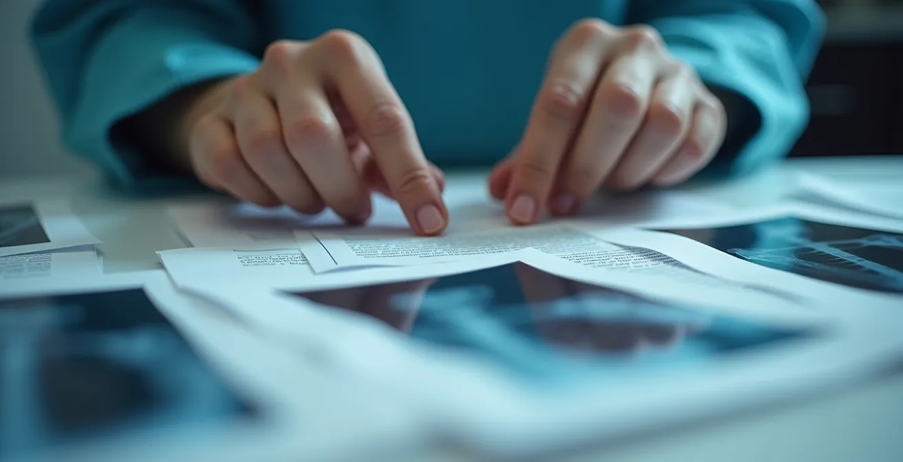 Mains organisant méthodiquement des documents médicaux sur une table
