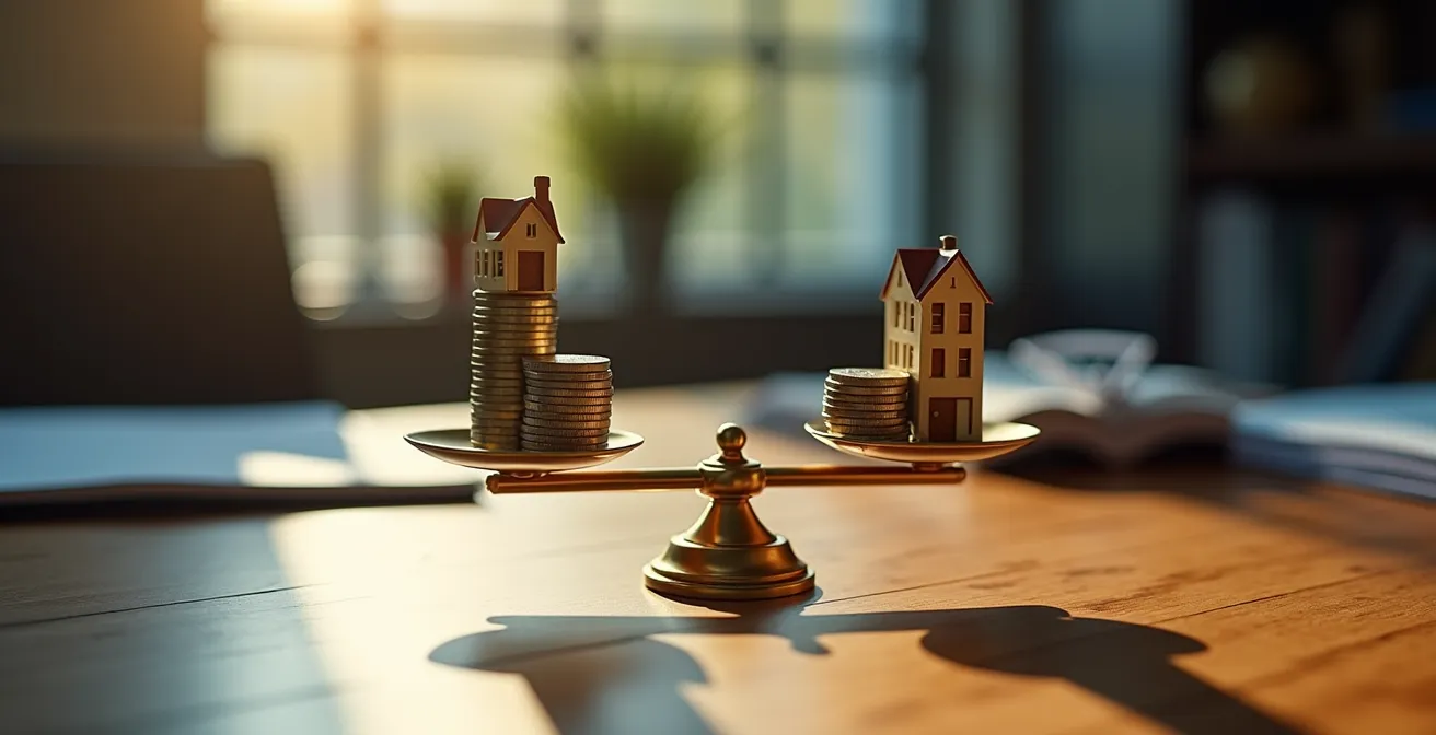 Métaphore visuelle de l'effet de levier avec balance et pièces représentant l'équilibre entre crédit et rendement