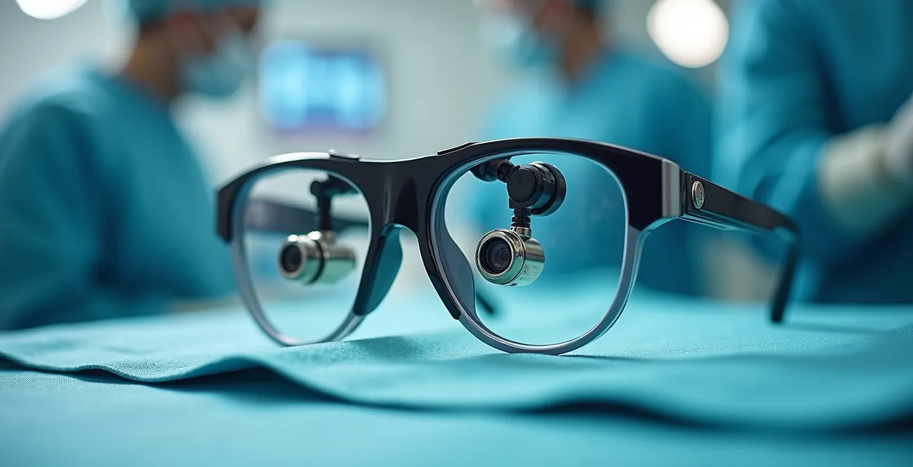 Gros plan sur des loupes chirurgicales professionnelles posées sur une surface médicale stérile