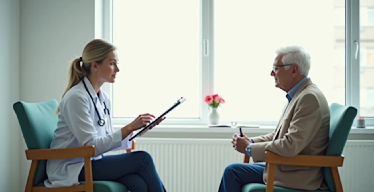 Professionnel de santé évaluant une personne âgée avec une grille d'évaluation