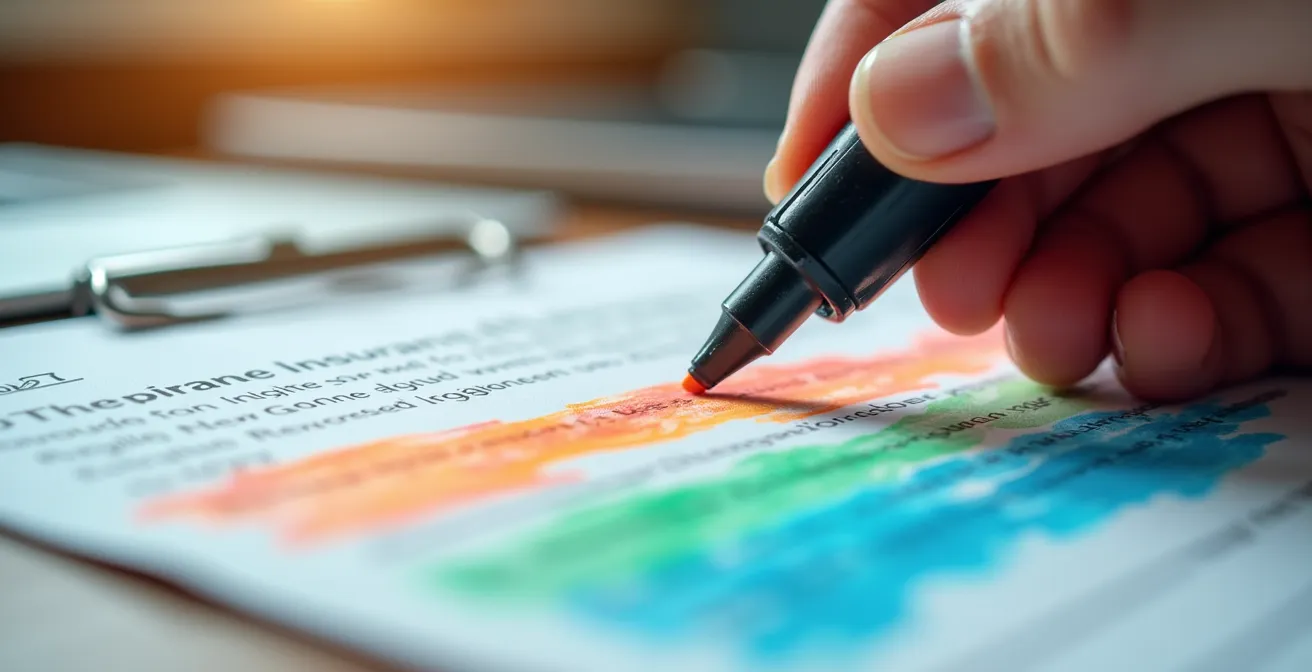 Mains analysant des documents contractuels avec des zones surlignées en couleur