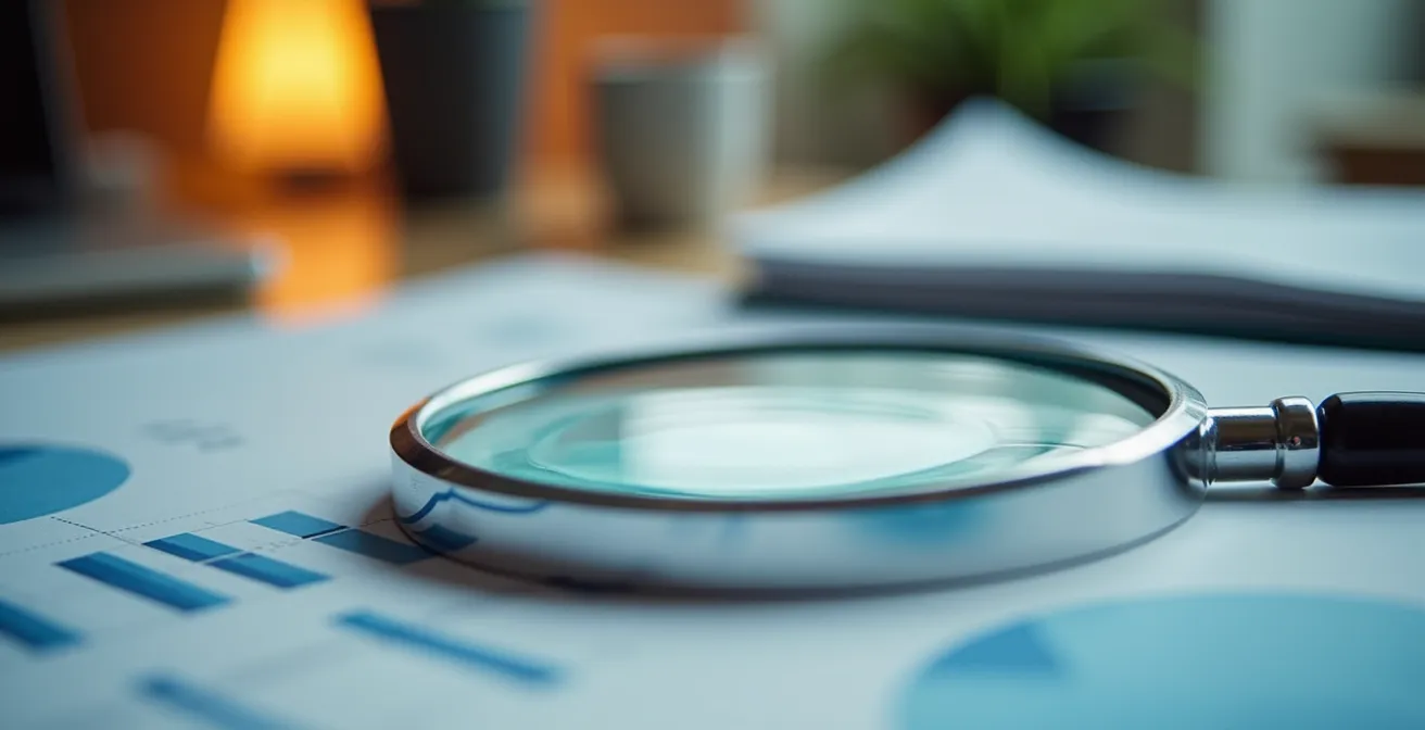 Expert d'assuré examinant des documents avec une loupe dans un bureau lumineux