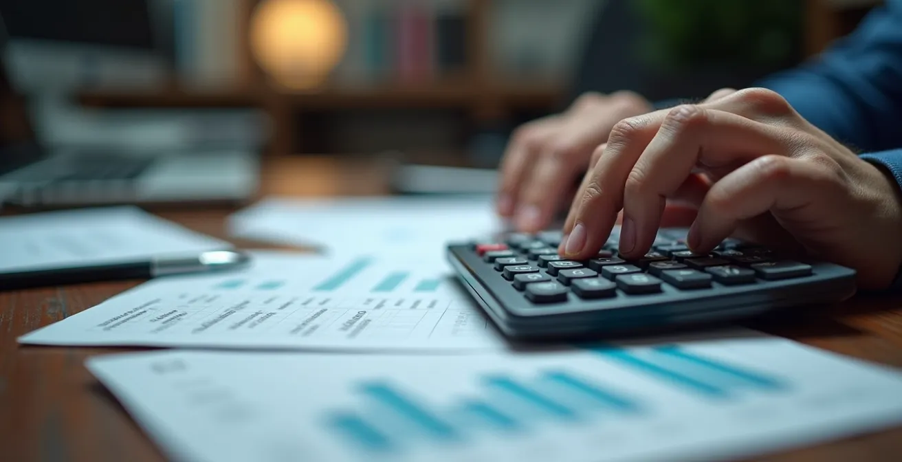 Expert-comptable examinant des documents financiers avec une calculatrice dans un bureau professionnel