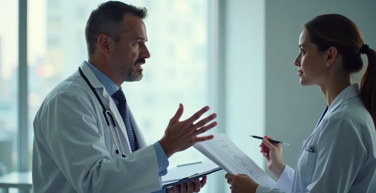Deux médecins face à face dans un cabinet médical échangeant des documents