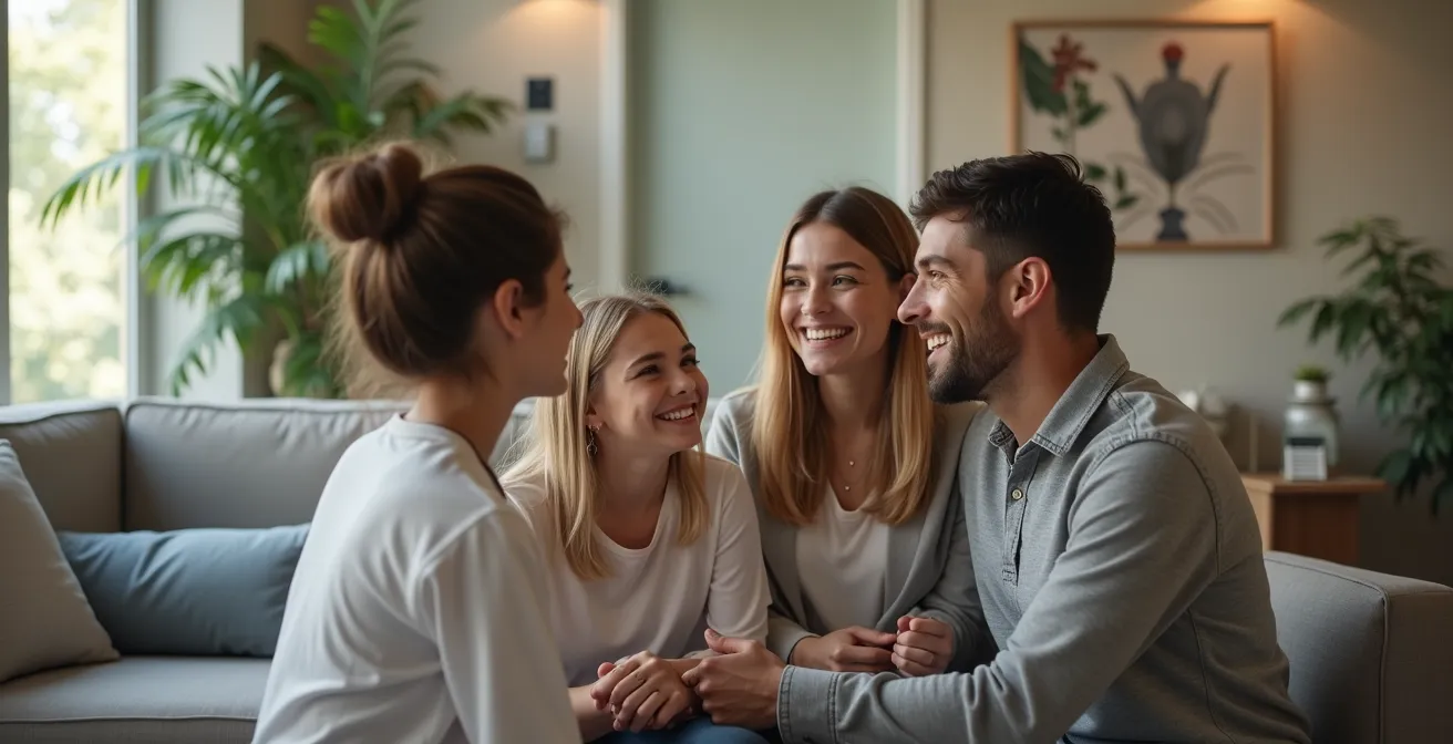 Famille dans un cabinet de thérapie alternative avec plantes et ambiance zen