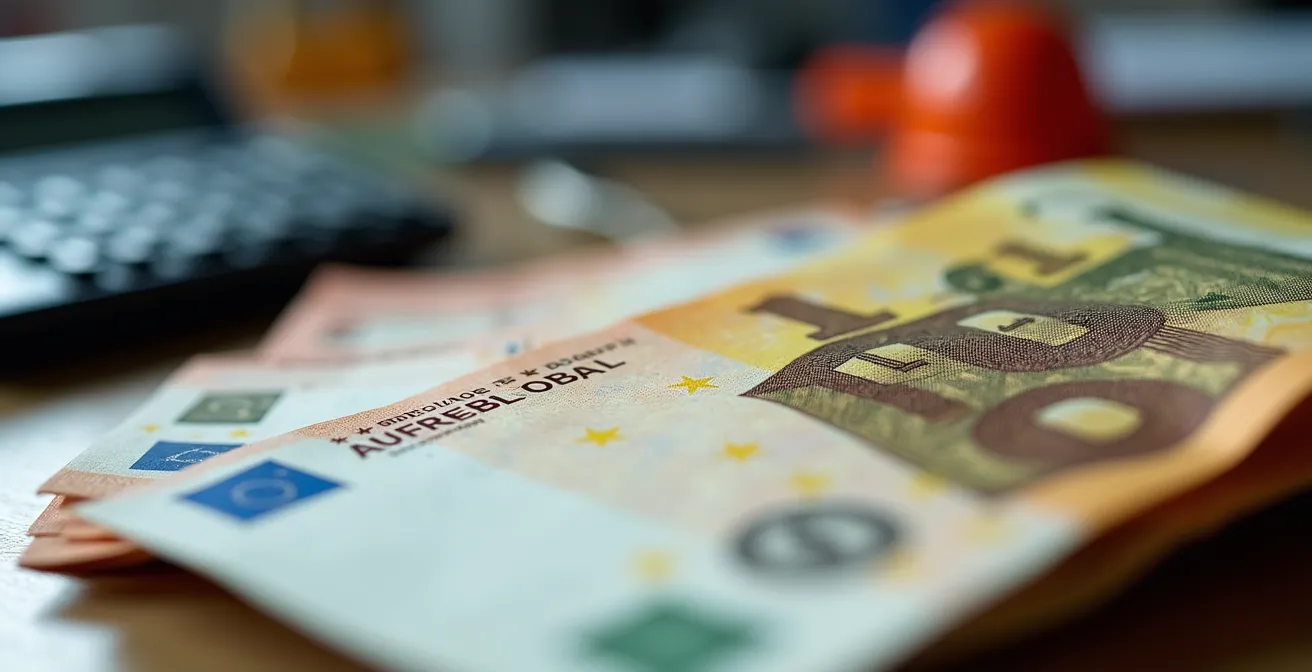 Vue macro de billets euros avec une calculatrice floue et des outils de bricolage en arrière-plan