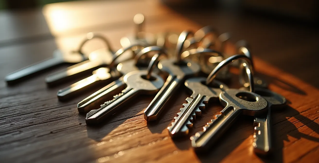 Vue macro de clés posées sur une surface en bois symbolisant l'investissement immobilier