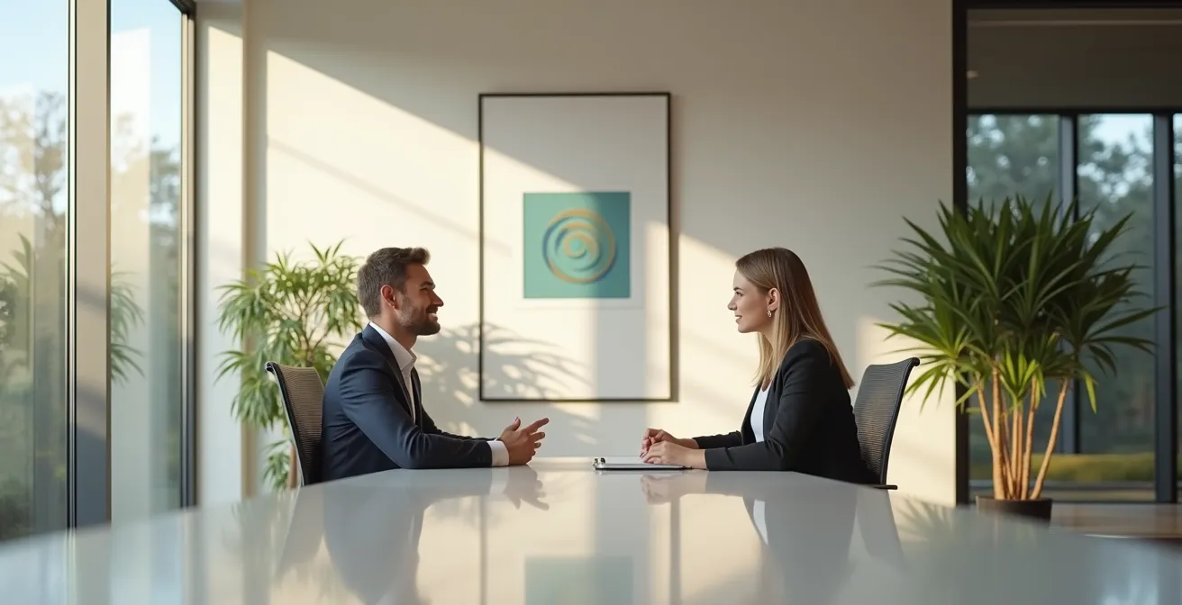 Jeune adulte en discussion avec un conseiller professionnel dans un bureau moderne