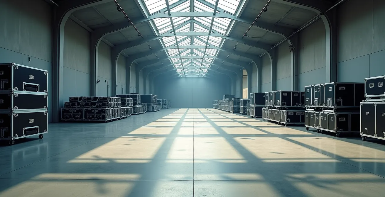 Vue grand angle d'un espace de stockage sécurisé avec barnums et matériel sono rangés méthodiquement