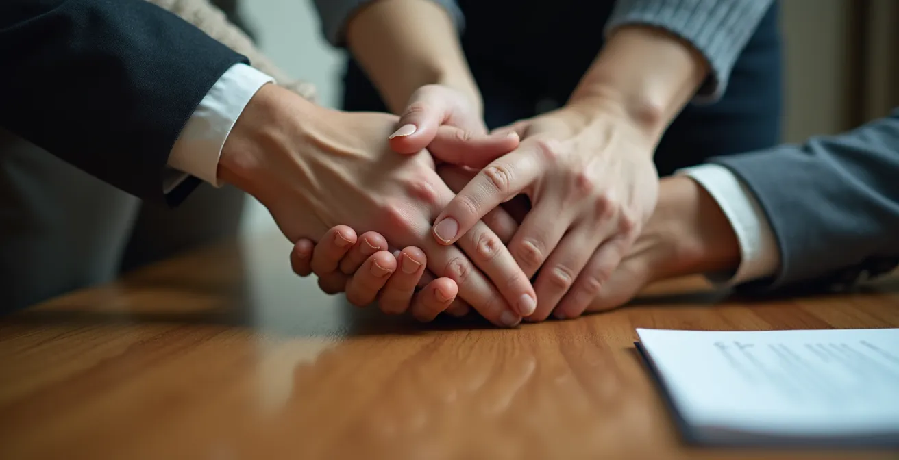 Vue macro détaillée de mains posées sur une table lors d'une séance de médiation