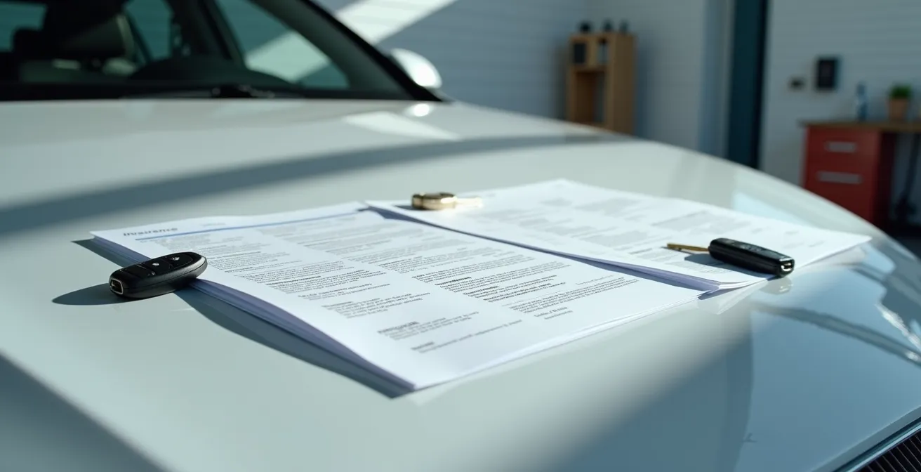 Documents d'assurance et factures d'options disposés sur capot de voiture