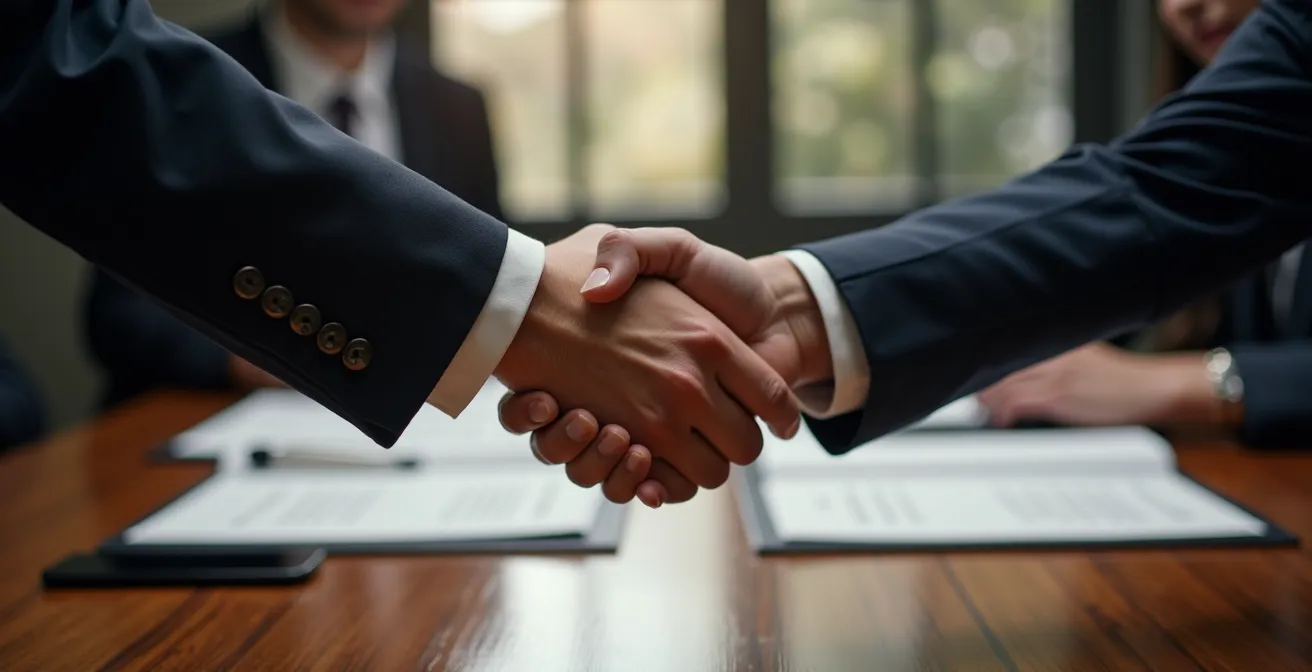 Poignée de main entre associés dans un environnement professionnel symbolisant la protection mutuelle