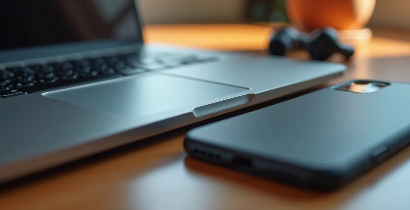 Vue macro d'un ordinateur portable fermé avec des écouteurs et un smartphone posés à côté.