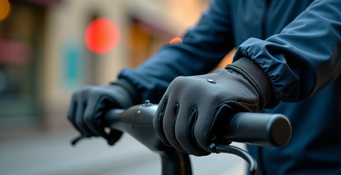 Gros plan sur des équipements de protection pour trottinette électrique incluant casque et gants posés sur une surface urbaine