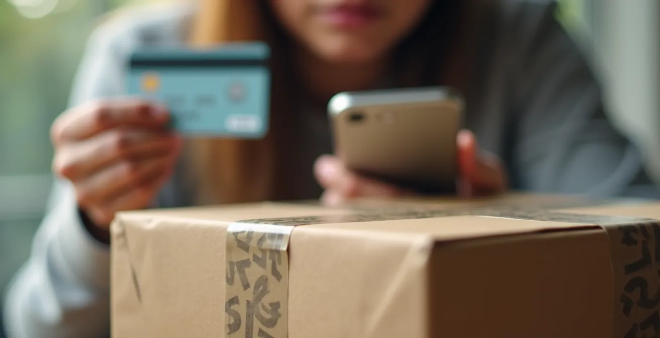 Gros plan sur des mains tenant une carte bancaire et un smartphone flous avec un colis fermé au premier plan