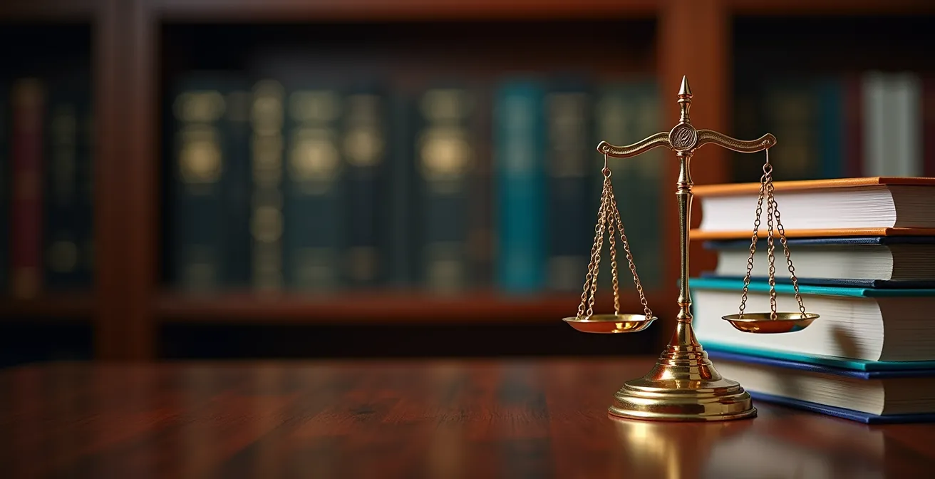 Bureau d'avocat avec balance de justice dorée et dossiers empilés, lumière tamisée