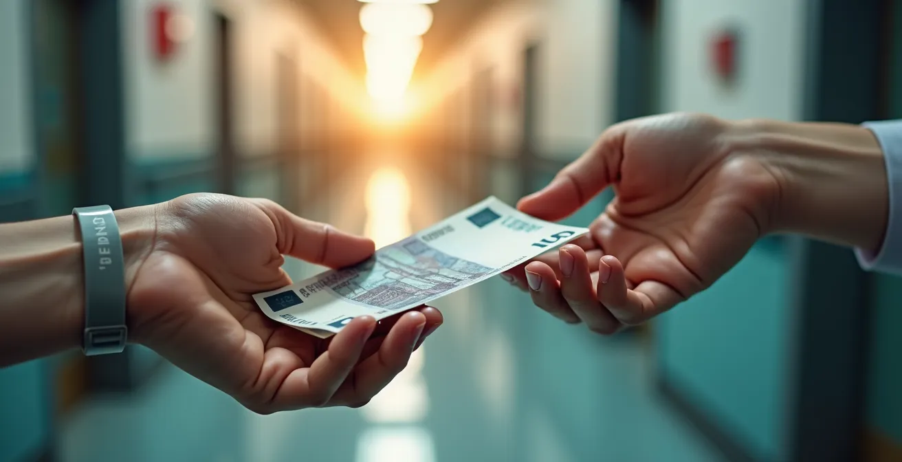 Main tendant des billets flous vers une autre main dans un contexte médical