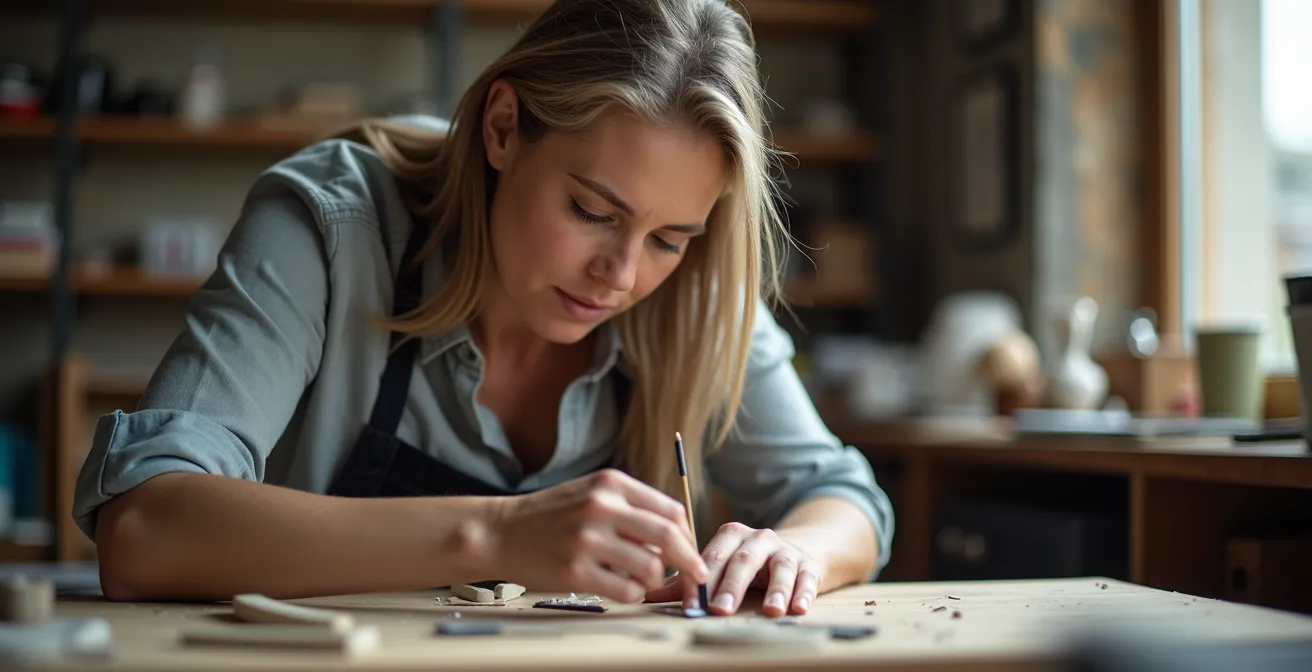 Personne en formation professionnelle pratiquant un nouveau métier manuel dans un atelier