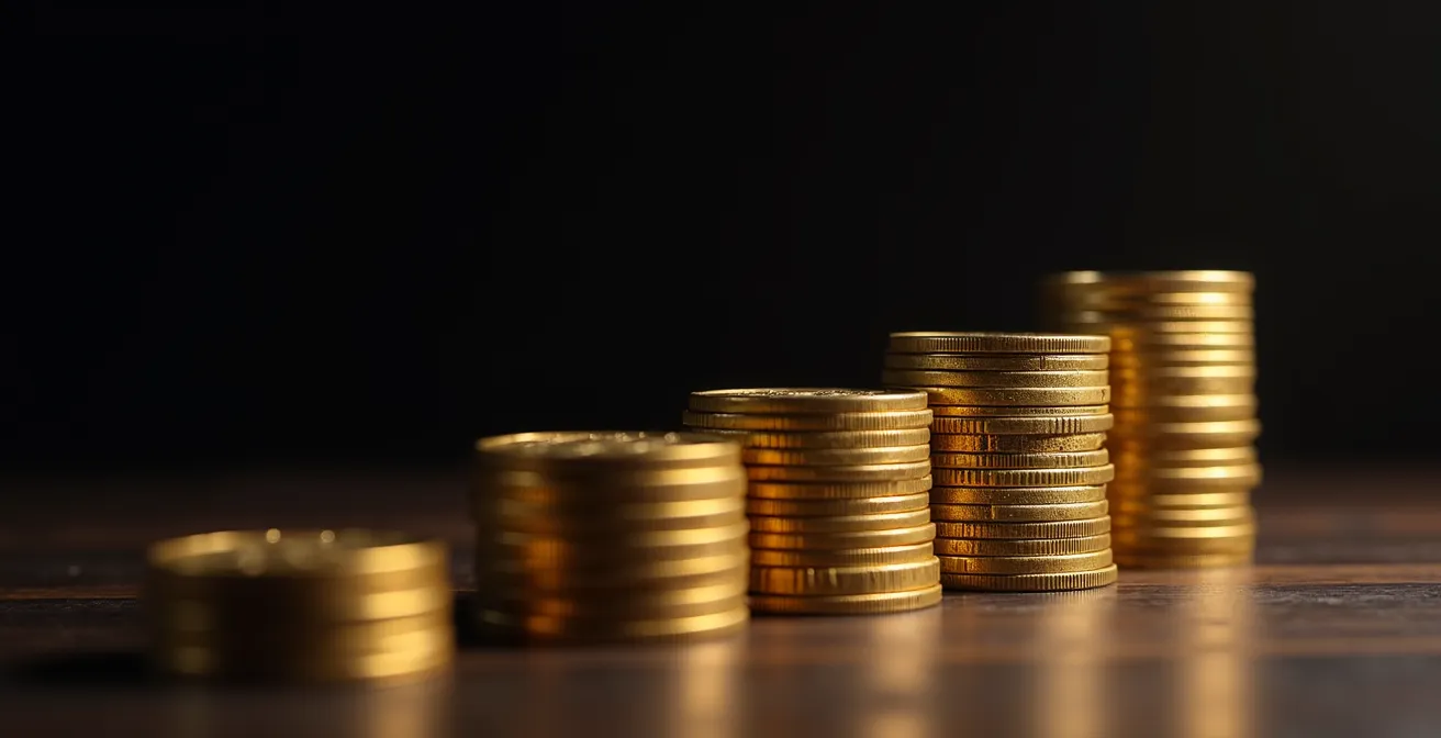 Représentation visuelle de l'impact des frais sur l'évolution d'un patrimoine, symbolisé par des pièces de monnaie diminuant de valeur