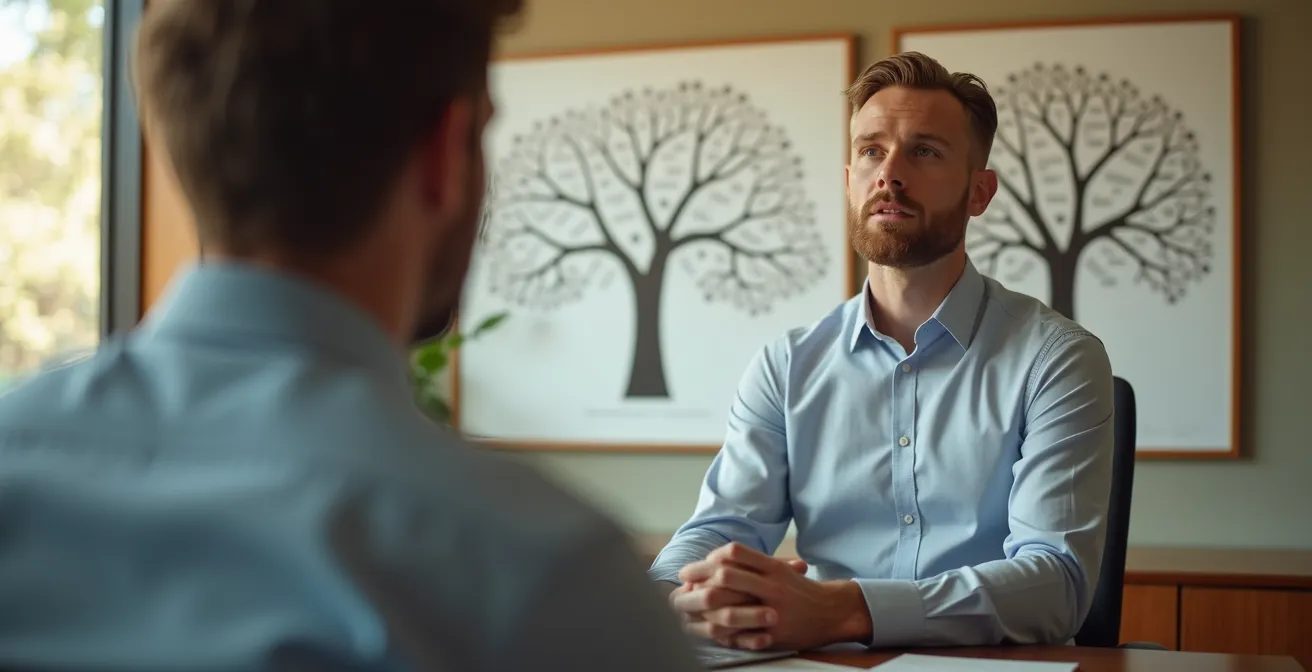 Bureau d'agent d'assurance avec photos de familles clientes sur plusieurs générations