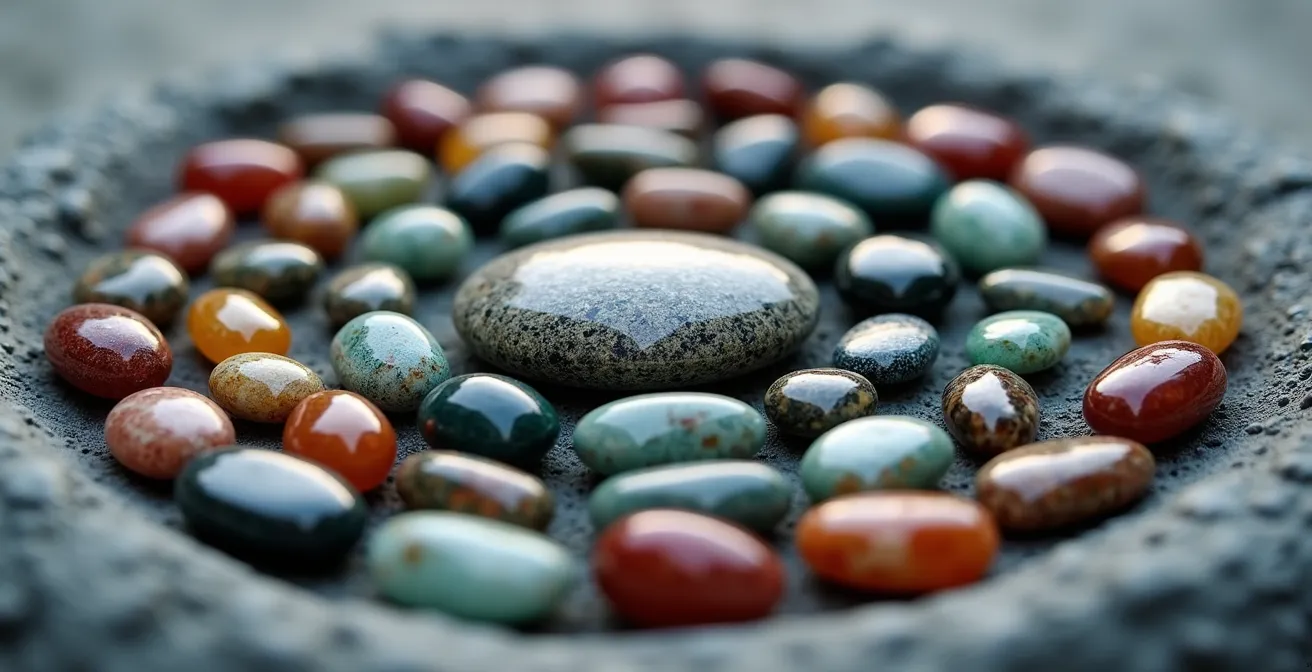 Représentation visuelle de la stratégie Core-Satellite avec des pierres centrales (Core) et des pierres périphériques (Satellites)