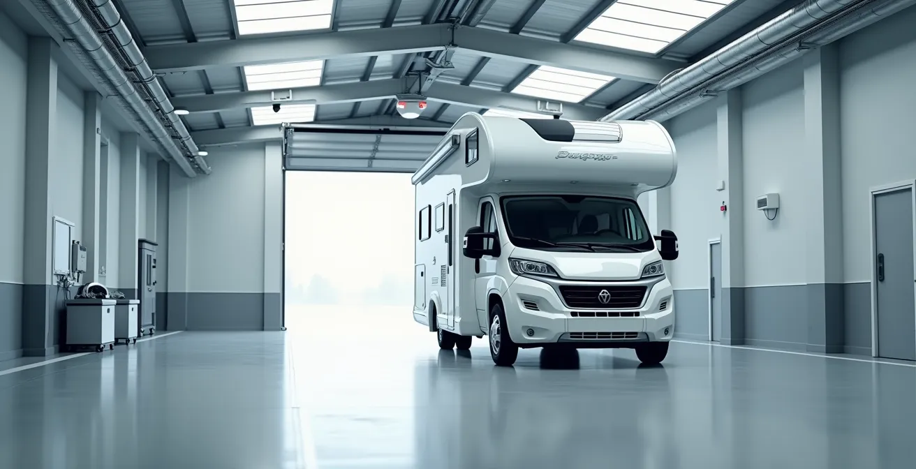Vue environnementale d'un camping-car en centre de contrôle technique avec équipement de test