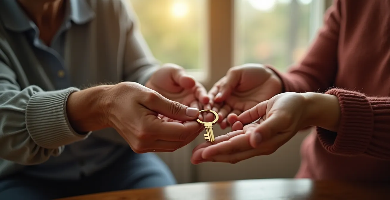 Mains de différentes générations se transmettant symboliquement un objet de valeur