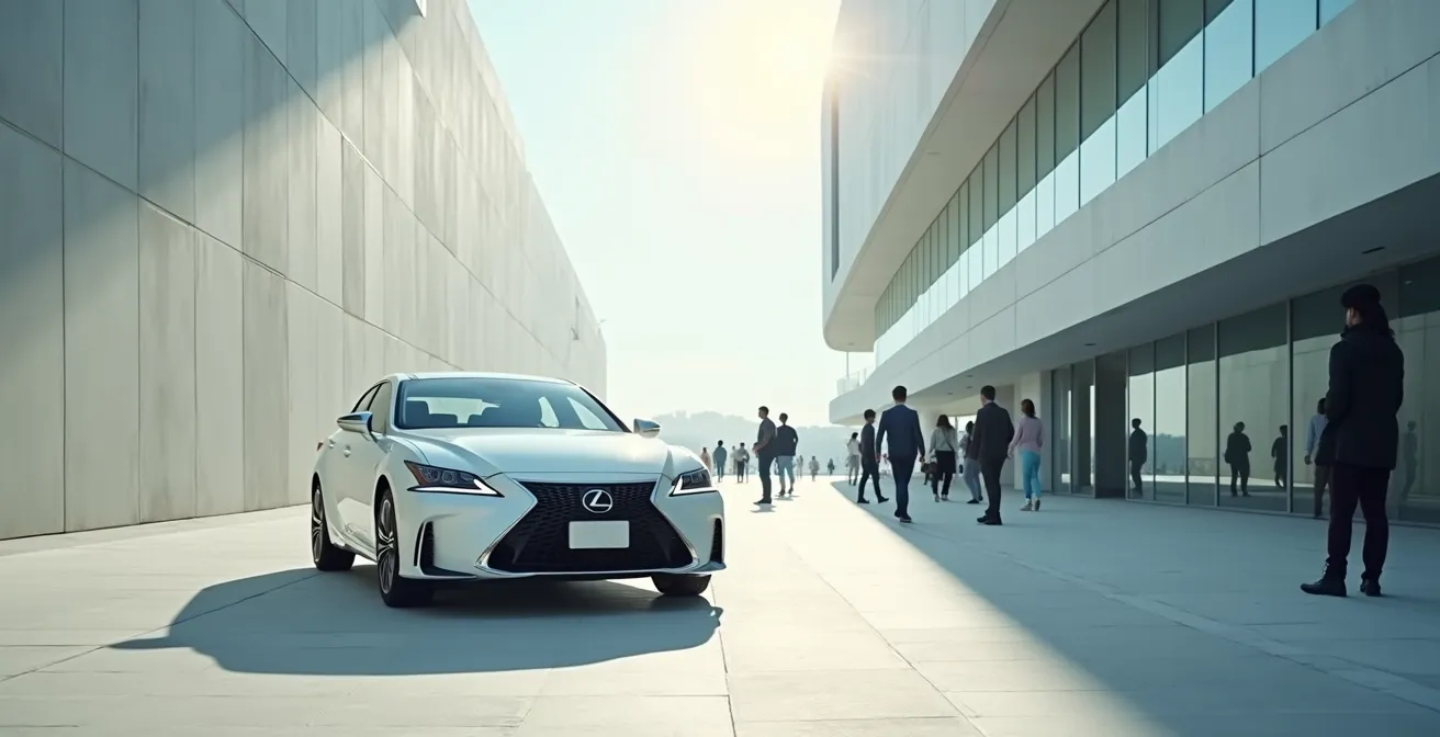 Vue large d'une voiture dans un environnement urbain évoquant le partage et la location entre particuliers